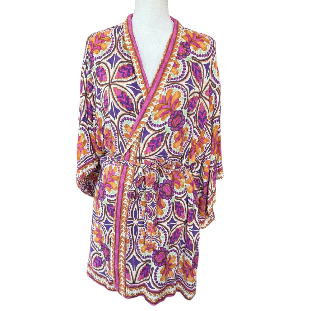 Haute Hippie Style Rayon Kimono Robe Purple Orange Paisley Medallion Wrap Medium